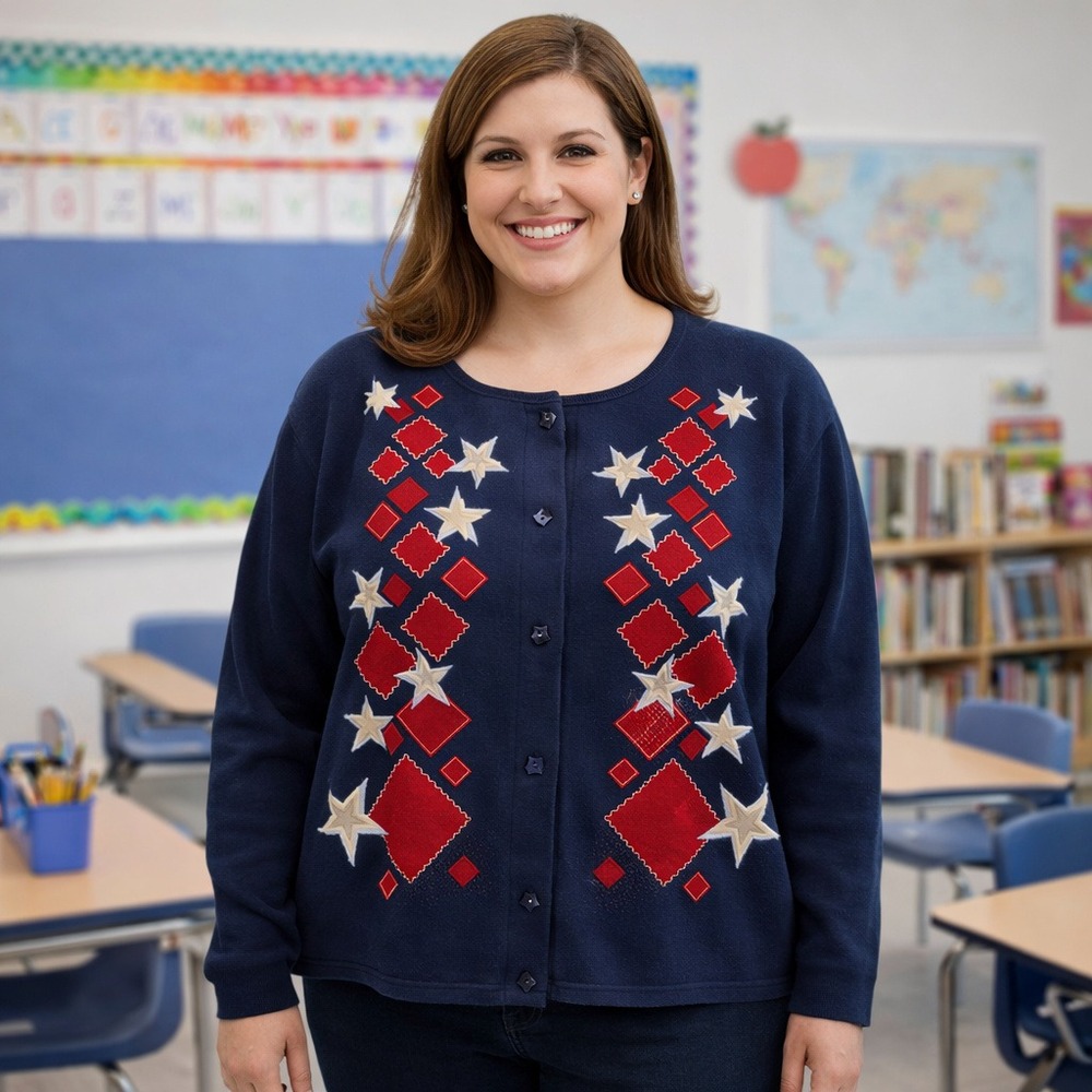 Christopher & Banks Navy‎ Blue Star Diamond Patriotic Cardigan Sweater XL